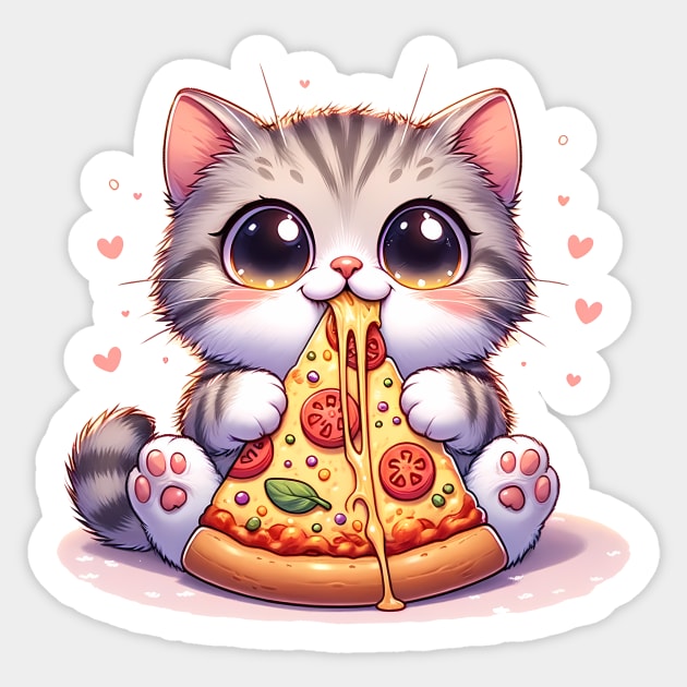 Kawaii Cat eating a slice of Pizza Sticker by logiamerch